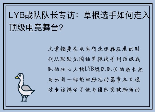 LYB战队队长专访：草根选手如何走入顶级电竞舞台？